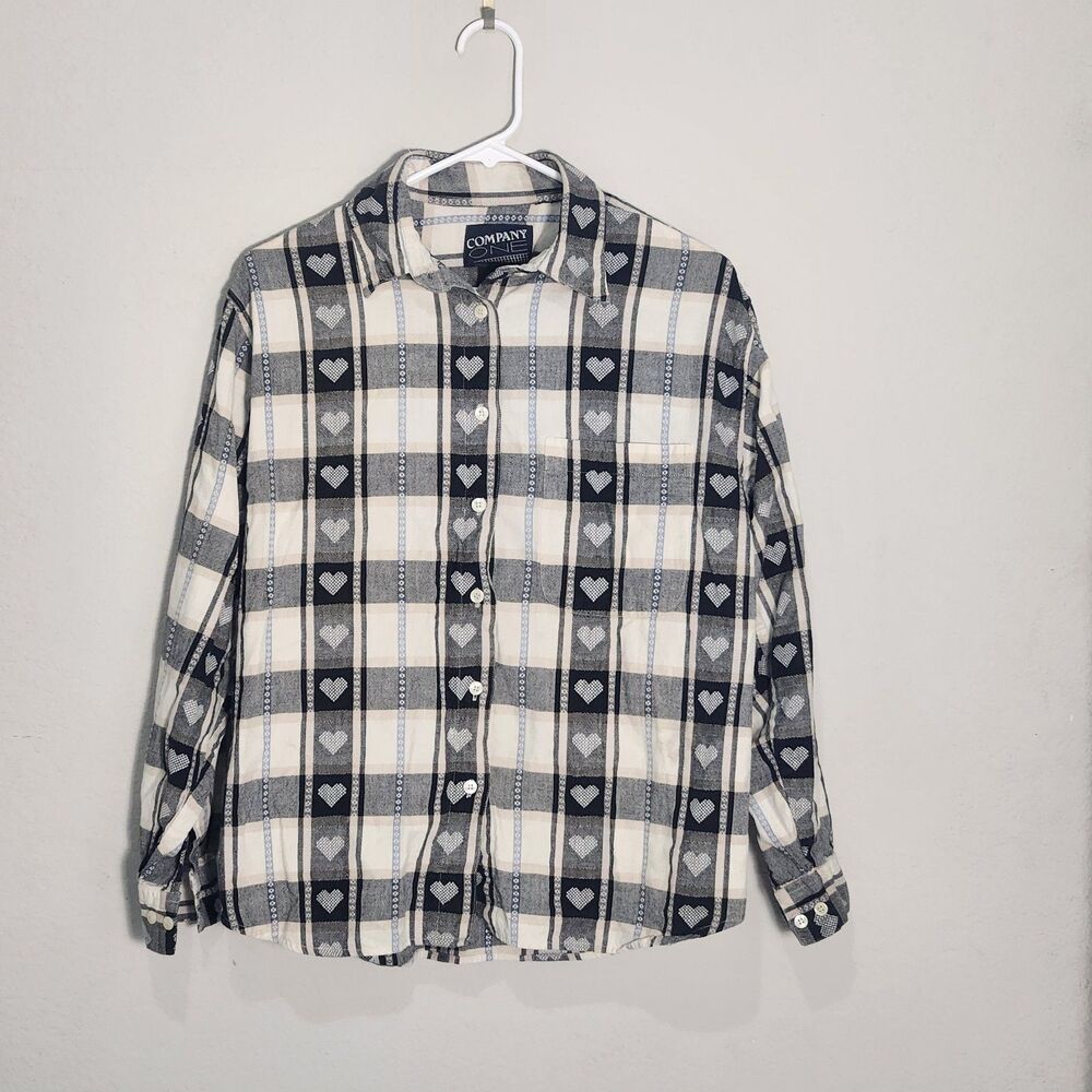 Company One Plaid Heart Button Front Shirt Womens Large Blue White Vintage